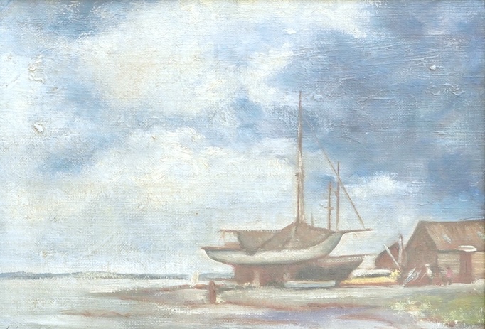 Manner of Edward Seago RBA, ARWS, RWS (1910-1974), Harbour view with fishing boats, bears signature, oil on canvas board, 24 x 33cm